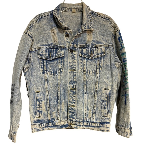 Vintage Acid Wash Denim Jacket XL Graffiti Art Painted Graphic Distressed Jean - Picture 1 of 11